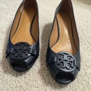 Tory Burch Black Peep-Toe Wedge Heels